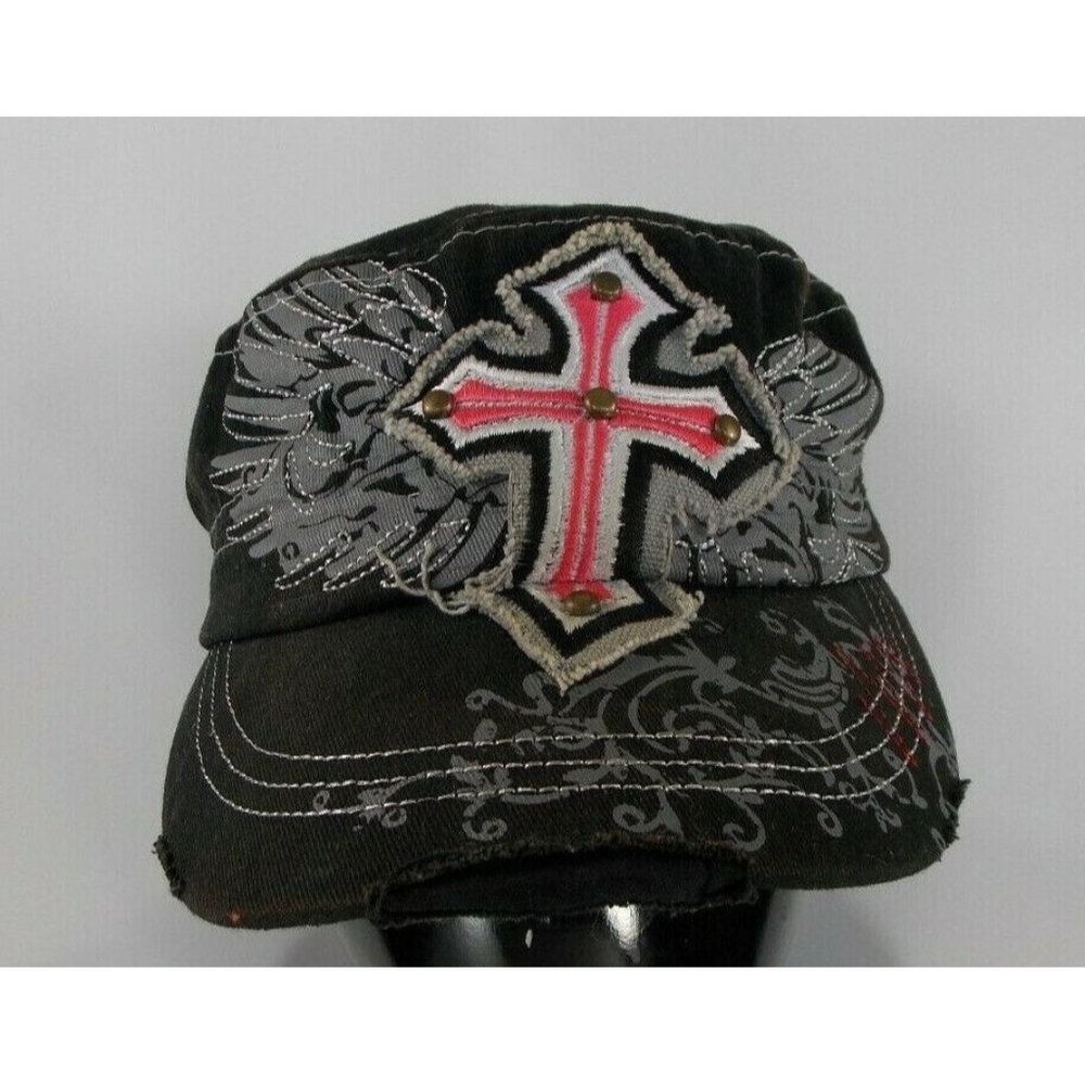 Crystal Saint Cross Wings Cadet Cap Women's Adjustable Black Studded